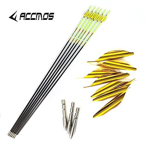 ACCMOS 32 ＂Flecha de Carbono Puro, Spine 1000 ID 4,2 mm Tiro con Arco Flechas Pluma Espiral, para Juventud Aldult Arco Compuesto Arcos Recurvos Caza y Práctica de Tiro (6pcs Spine 1000 Yellow)
