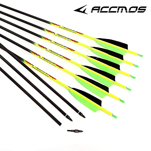 ACCMOS 6 pz Flecha de Carbono Puro Spine 600 Longitud del Eje 27 Pulgadas ID 6,2 mm Pluma de Pavo de 4", para Arco Compuesto Arcos Recurvos Caza o Práctica de Tiro (Spine 600, 27inch)