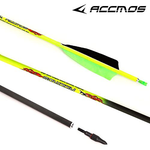ACCMOS 6 pz Flecha de Carbono Puro Spine 600 Longitud del Eje 27 Pulgadas ID 6,2 mm Pluma de Pavo de 4", para Arco Compuesto Arcos Recurvos Caza o Práctica de Tiro (Spine 600, 27inch)