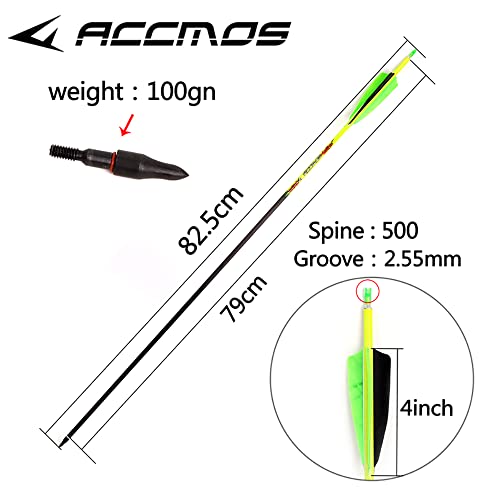 ACCMOS 6 pz Flecha de Carbono Puro Spine 600 Longitud del Eje 27 Pulgadas ID 6,2 mm Pluma de Pavo de 4", para Arco Compuesto Arcos Recurvos Caza o Práctica de Tiro (Spine 600, 27inch)