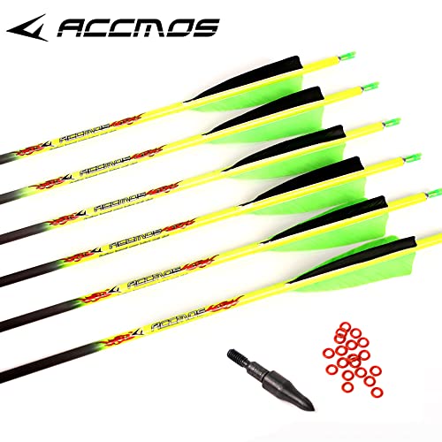 ACCMOS 6 pz Flecha de Carbono Puro Spine 600 Longitud del Eje 27 Pulgadas ID 6,2 mm Pluma de Pavo de 4", para Arco Compuesto Arcos Recurvos Caza o Práctica de Tiro (Spine 600, 27inch)