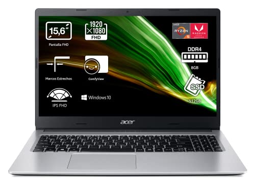 Acer Aspire 3 A315-23 - Ordenador Portátil 15.6” Full HD, Laptop (AMD Ryzen 5 3500U, 8GB RAM, 512GB SSD, UMA Graphics, Windows 10 Home), PC Portátil Color Plata - Teclado QWERTY Español