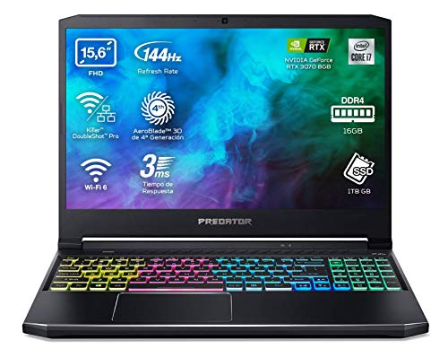 Acer Predator Helios 300 PH315-53 - Ordenador Portátil Gaming 15.6" Full HD, Gaming Laptop 144Hz (Intel Core i7-10750H, 16B RAM, 1TB SSD, NVIDIA GeForce RTX3070, Sin SO) Negro - Teclado QWERTY Español