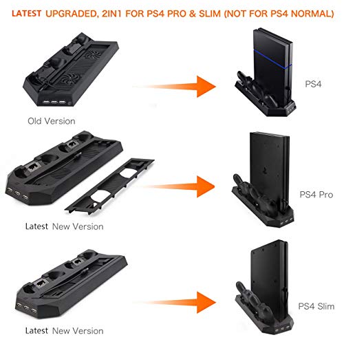 Actualizada FlexDin [2 en 1] PlayStation 4 Slim / Pro Soporte Vertical Base para PS4 Slim / PS4 Pro con Ventilador Dual y 3 USB, Estación de Cargador para Mando DualShock 4 PS4 (No para PS4 Clásico)