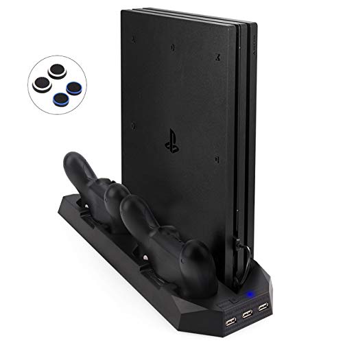 Actualizada FlexDin [2 en 1] PlayStation 4 Slim / Pro Soporte Vertical Base para PS4 Slim / PS4 Pro con Ventilador Dual y 3 USB, Estación de Cargador para Mando DualShock 4 PS4 (No para PS4 Clásico)