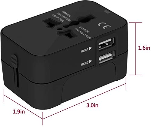 Adaptador Enchufe De Viaje Universal Enchufe Adaptador Internacional Con Dos Puertos USB Para Japón China Canadá USA EU UK AU Acerca De 150 Países Para Navidad (Negro)