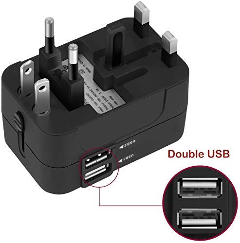 Adaptador Enchufe De Viaje Universal Enchufe Adaptador Internacional Con Dos Puertos USB Para Japón China Canadá USA EU UK AU Acerca De 150 Países Para Navidad (Negro)