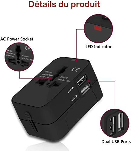 Adaptador Enchufe De Viaje Universal Enchufe Adaptador Internacional Con Dos Puertos USB Para Japón China Canadá USA EU UK AU Acerca De 150 Países Para Navidad (Negro)