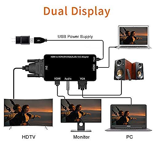 Adaptador HDMI, Visualización Sincronizada 1080P HDMI a VGA DVI HDMI Audio Convertidor de Video 4 en 1 con Cable Micro USB Adaptador Multipuerto