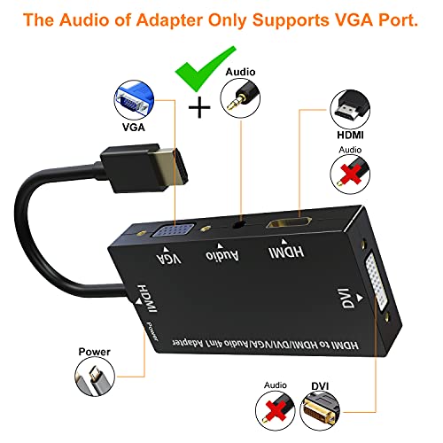 Adaptador HDMI, Visualización Sincronizada 1080P HDMI a VGA DVI HDMI Audio Convertidor de Video 4 en 1 con Cable Micro USB Adaptador Multipuerto