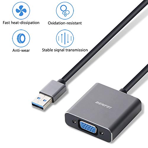 Adaptador USB 3.0 a VGA, BENFEI 1080P Full HD Macho a Hembra convertidor, Caja de Aluminio