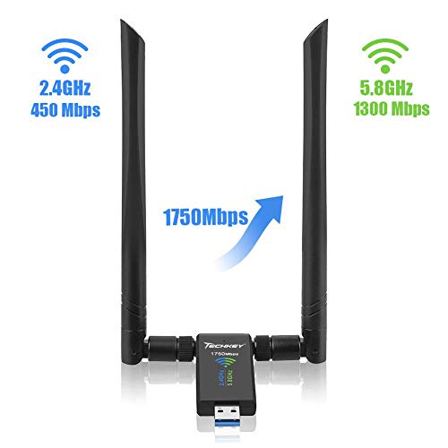 Adaptador WiFi USB para PC, Techkey Antena WiFi 1750Mbps de Doble Banda 2,42GHz / 450Mbps y 5,8GHz / 1300Mbps de Alta Ganancia 5dBi Antena WiFi USB 3.0 para Windows 10 /8/7/XP/Vista, Mac OS 10.9-10.15
