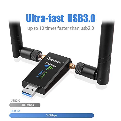 Adaptador WiFi USB para PC, Techkey Antena WiFi 1750Mbps de Doble Banda 2,42GHz / 450Mbps y 5,8GHz / 1300Mbps de Alta Ganancia 5dBi Antena WiFi USB 3.0 para Windows 10 /8/7/XP/Vista, Mac OS 10.9-10.15