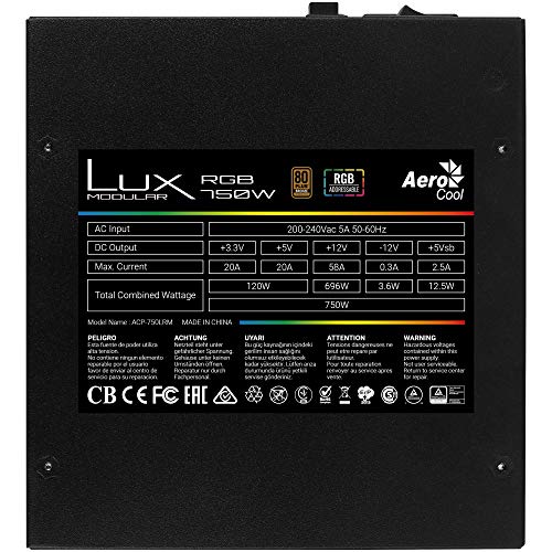 Aerocool LUX, fuente de alimentación 750W, Prism RGB, modular, 80Plus Bronze