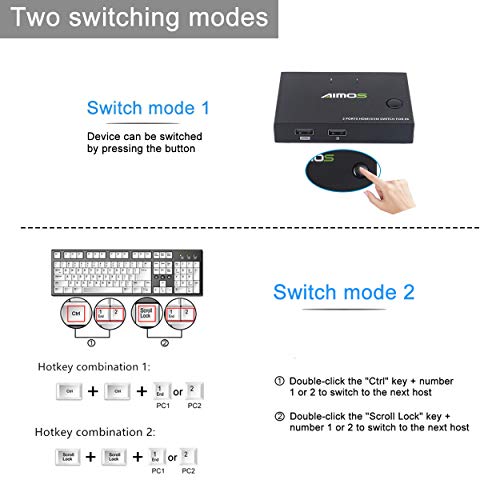 AIMOS Conmutador KVM HDMI, USB KVM Switch 2 Puertos Ordenador KVM Interruptor Teclado Ratón Switcher Box Soporte 4K @ 30Hz 3D para portátil, PC, HDTV - con 2 Cables USB, 1 Cable HDMI