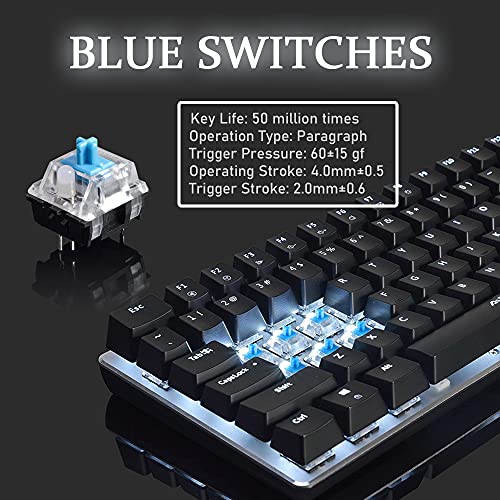 AK33 Teclado mecánico para Juegos con Cable, Interruptor Azul Compacto de 82 Teclas, Teclas Completas, Anti-Fantasma, Teclado retroiluminado Azul LCE para PC, computadora portátil, PS4, Xbox-Negro