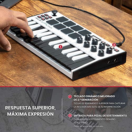 AKAI Professional MPK Mini MK3 White - Teclado Controlador MIDI USB de 25 Teclas con 8 Drum Pads, 8 Perillas y Software de Producción Musical Incluido, Blanco