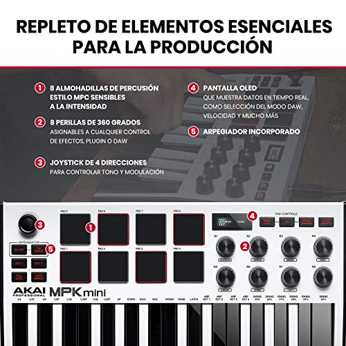 AKAI Professional MPK Mini MK3 White - Teclado Controlador MIDI USB de 25 Teclas con 8 Drum Pads, 8 Perillas y Software de Producción Musical Incluido, Blanco