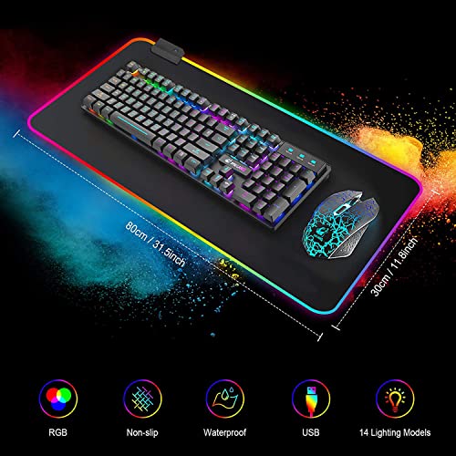 Alfombrilla de Ratón RGB, (800×300×4mm) 7 Colores con 14 Modos de Luz, Alfombrilla Gaming Extra Grande Base de Goma Antideslizante y Superficie Suave Resistente al Agua para Gamers, PC y Portátil