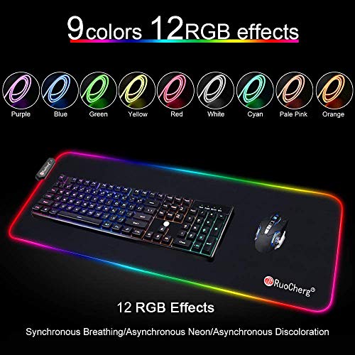 Alfombrilla Gaming XL RGB Alfombrilla de Ratón para Juegos LED Grandes 12 Modos de Iluminación Superficie Impermeable Base de Goma Antideslizante para Jugadores, PC y Portátiles