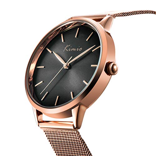 Alienwork Reloj Hombre Mujer Oro Rosa Banda de Malla Metálica Gris Ultra-Delgada Elegante
