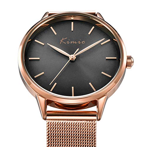 Alienwork Reloj Hombre Mujer Oro Rosa Banda de Malla Metálica Gris Ultra-Delgada Elegante