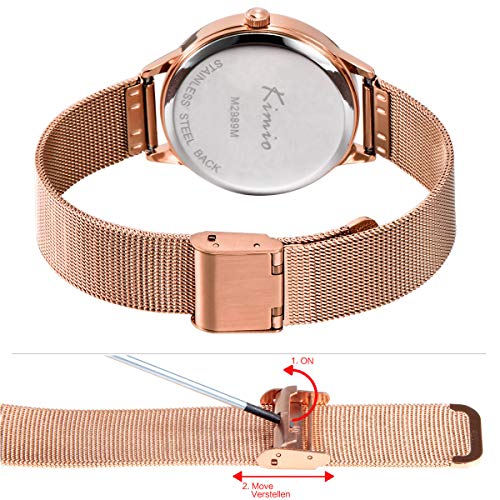 Alienwork Reloj Hombre Mujer Oro Rosa Banda de Malla Metálica Gris Ultra-Delgada Elegante