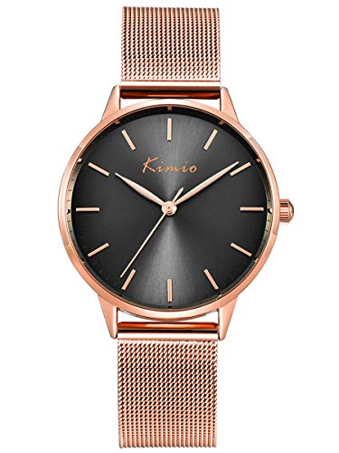 Alienwork Reloj Hombre Mujer Oro Rosa Banda de Malla Metálica Gris Ultra-Delgada Elegante