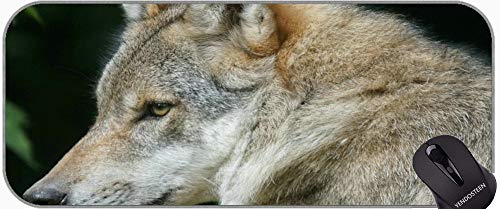 Almohadilla de ratón de juego extendida, retrato de una hermosa estera de escritorio de lobo con borde cosido