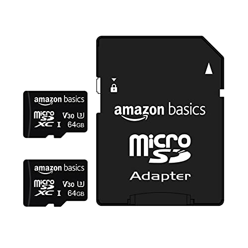 Amazon Basics - Tarjeta de memoria microSDXC 64 GB con adaptador de tamaño completo, A2, U3, velocidad de lectura hasta 100 MB/s, 2 unidades