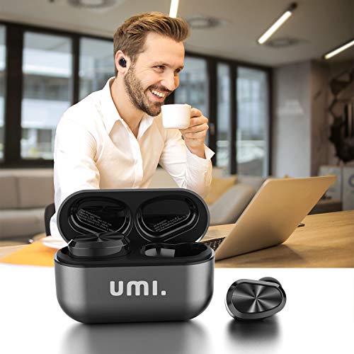 Amazon Brand - Umi Auriculares de botón inalámbricos W5s con Bluetooth 5.0 y certificación IPX7 compatibles con iPhone Samsung Huawei y Estuche metálico con Base de Carga (Gris)