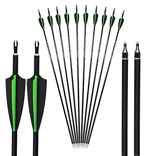 AMEYXGS 12 Piezas Flechas de Fibra de Carbono 30 Pulgadas Caza Objetivo de Práctica Fiechas Spine 500 para Arco Recurvo Arco Compuesto Arco Largo (Verde+Negro)