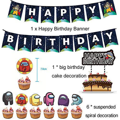 Among Us Party Supplies - Among Us Birthday Party Decoraciones Banner de feliz cumpleaños, globo, espiral, adorno para tarta para Among Us Theme Party Favor Set de suministros