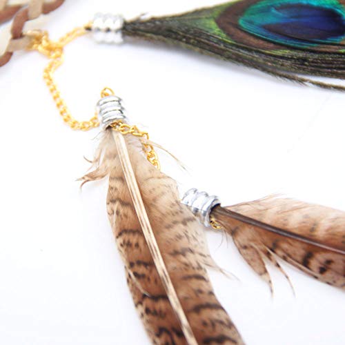 Amorar Diadema de plumas de pavo real bohemia para mujer, estilo hippie y bohemio, accesorio para el pelo, accesorio para el pelo, color café