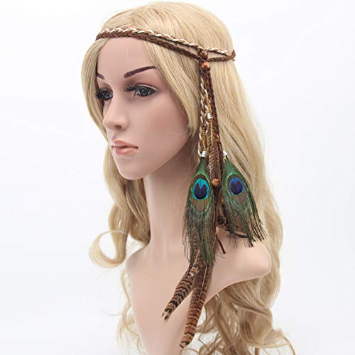 Amorar Diadema de plumas de pavo real bohemia para mujer, estilo hippie y bohemio, accesorio para el pelo, accesorio para el pelo, color café