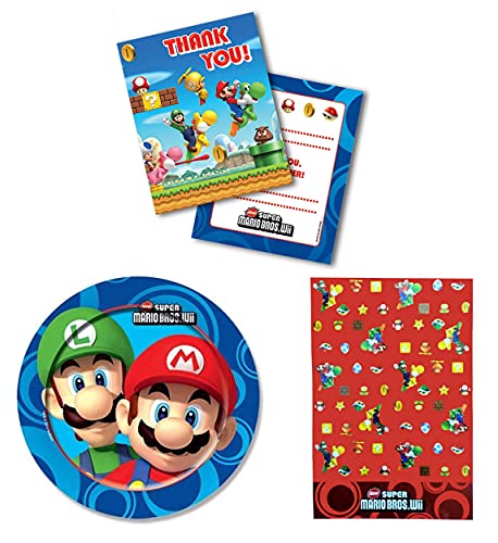 amscam Super Mario Bros Wii - Juego de 3 piezas, 8 platos, 1 mantel y 6 tarjetas de agradecimiento