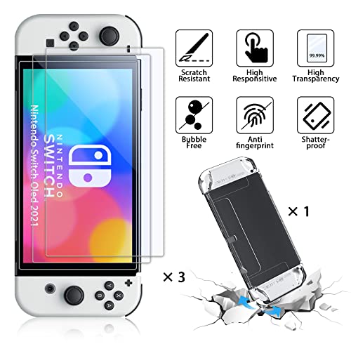 ANEWSIR Combinación de 3 piezas compatible con Nintendo Switch Oled 2021, 3 paquetes de película protectora de vidrio templado y funda protectora transparente, dureza 9H, fácil de instalar