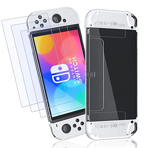 ANEWSIR Combinación de 3 piezas compatible con Nintendo Switch Oled 2021, 3 paquetes de película protectora de vidrio templado y funda protectora transparente, dureza 9H, fácil de instalar