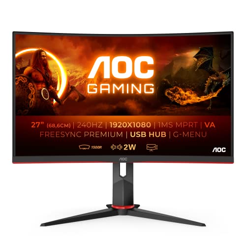 AOC C27G2ZU/BK - Monitor curvo gaming de 27" FullHD (1920x1080, 240Hz, 0,5 ms, 1500R, VA, FreeSync Premium, 300 cd/m, HDMI 2x2.0, Displayport 1x1.2) Negro/rojo