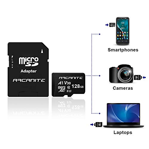 ARCANITE - Tarjeta de memoria microSDXC de 128 GB con adaptador SD, A1, UHS-I U3, V30, 4K, Clase 10, microSD, Velocidad de lectura hasta 90 MB/s