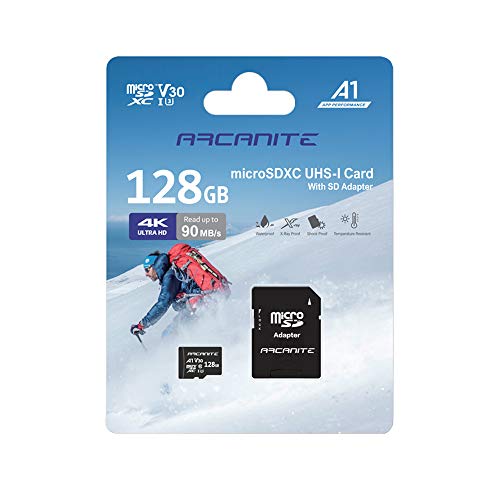 ARCANITE - Tarjeta de memoria microSDXC de 128 GB con adaptador SD, A1, UHS-I U3, V30, 4K, Clase 10, microSD, Velocidad de lectura hasta 90 MB/s
