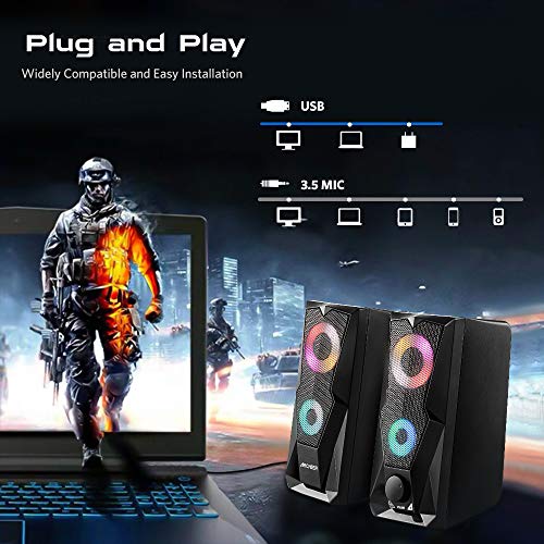 ARCHEER Altavoces PC Gaming, 10W Altavoz Ordenador Sobremesa USB con RGB Luces LED Sonido Estéreo de Doble Canal Multimedia para Portátil Tablete Móvil MP3 - CS01