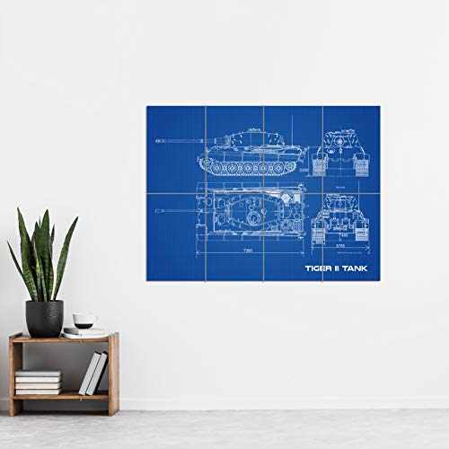 Artery8 Tiger II Panzerkampfwagen Heavy Tank Blueprint Plan XL Giant Panel Poster (8 Sections) Tanque Azul Póster
