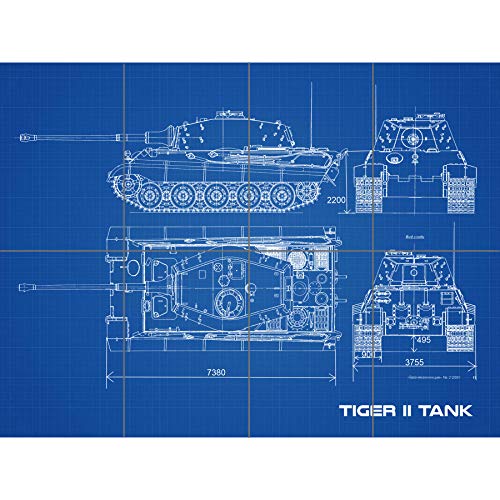 Artery8 Tiger II Panzerkampfwagen Heavy Tank Blueprint Plan XL Giant Panel Poster (8 Sections) Tanque Azul Póster