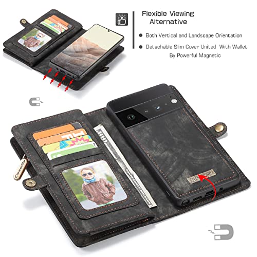 Astart Funda de piel para Google Pixel 6, estilo retro, con cremallera, 11 ranuras para tarjetas, cierre magnético extraíble, función atril, monedero extraíble, color negro