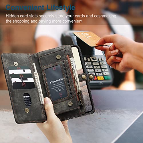 Astart Funda de piel para Google Pixel 6, estilo retro, con cremallera, 11 ranuras para tarjetas, cierre magnético extraíble, función atril, monedero extraíble, color negro