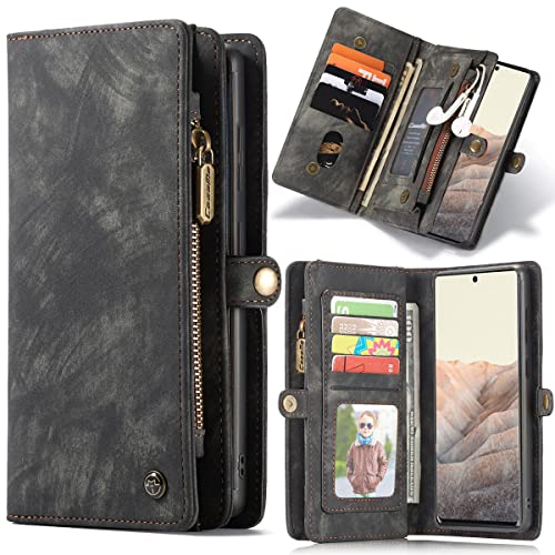 Astart Funda de piel para Google Pixel 6, estilo retro, con cremallera, 11 ranuras para tarjetas, cierre magnético extraíble, función atril, monedero extraíble, color negro