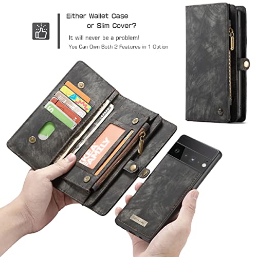 Astart Funda de piel para Google Pixel 6, estilo retro, con cremallera, 11 ranuras para tarjetas, cierre magnético extraíble, función atril, monedero extraíble, color negro