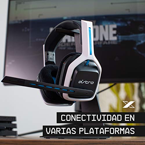 ASTRO Gaming A20 Auriculares inalámbricos Gen 2, ligeros y resistentes, Micrófono volteable para silenciar, Batería hasta 15h, Alcance inalámbrico de 15m, PlayStation 5, PS4, PC, Mac - Blanco/Azul