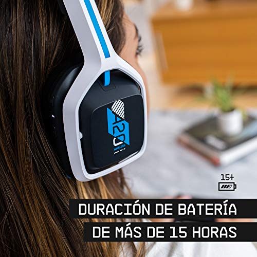 ASTRO Gaming A20 Auriculares inalámbricos Gen 2, ligeros y resistentes, Micrófono volteable para silenciar, Batería hasta 15h, Alcance inalámbrico de 15m, PlayStation 5, PS4, PC, Mac - Blanco/Azul